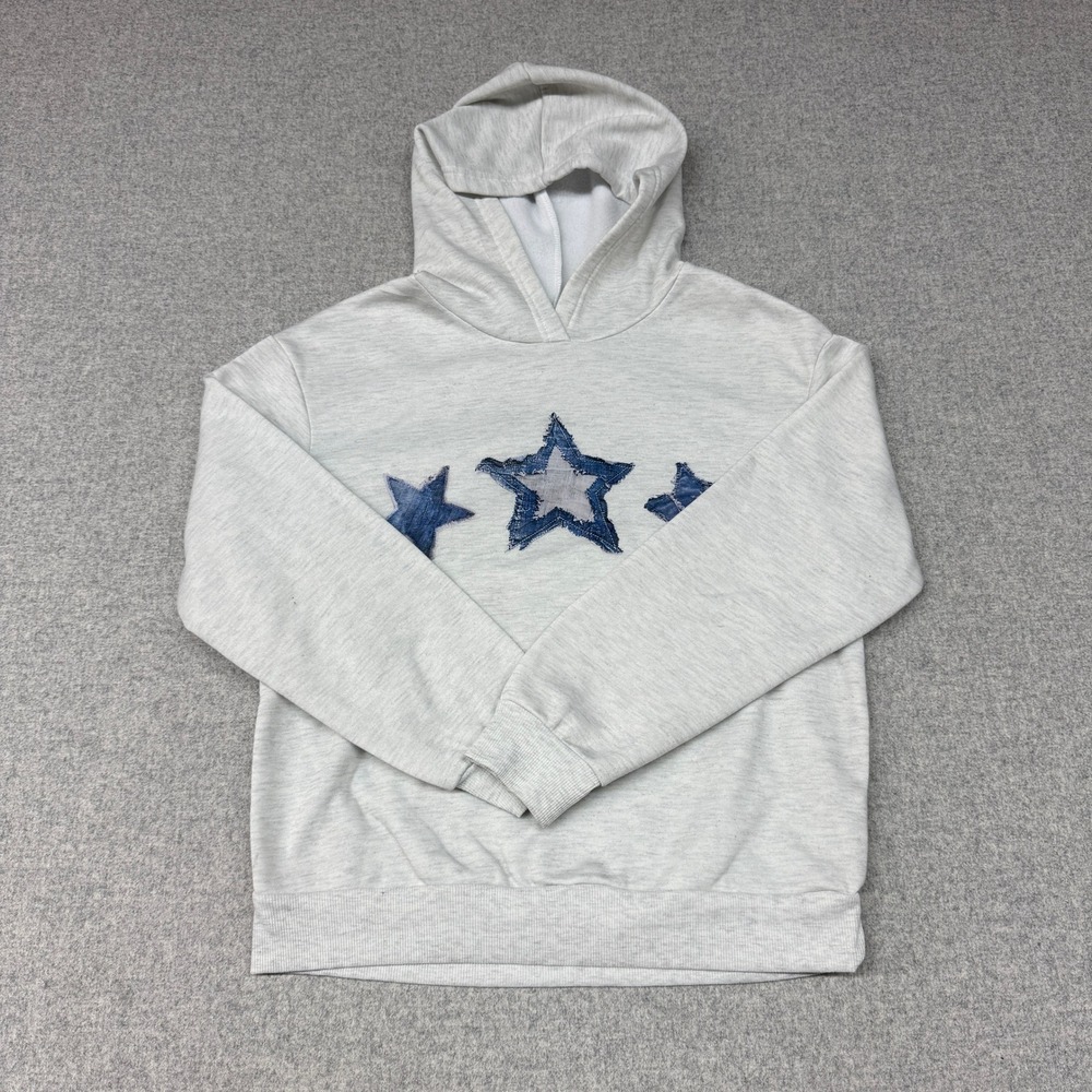 SHEIN Star Patchwork Hoodie Size M Light Grey Denim Applique Long Sleeve Pullovr